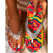 Multi-Color Abstract Print Rhinestone Strap Flip Flops - Multicolor