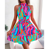 Multi-Color Abstract Print Ruffles Casual Dress - hot pink