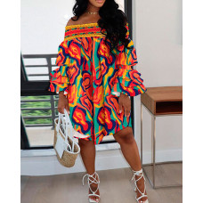 Multi-Color Abstract Print Shirred Layered Ruffles Casual Dress - Multicolor