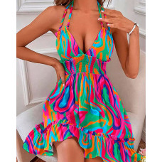 Multi-Color Abstract Print Shirred Ruffles Halter Casual Dress - hot pink