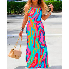 Multi-Color Abstract Print Sleeveless Maxi Dress - hot pink