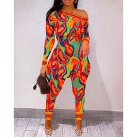 Multi-Color Abstract Print Split Hem Top & Pants Set - orange