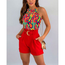 Multi-Color Abstract Print Tank Top & Shorts Set With Belt - Multicolor