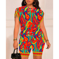 Multi-Color Abstract Print Top & Shorts Set - orange