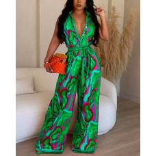 Multi-Color Abstract Print Wide Leg Jumpsuit - green