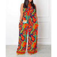 Multi-Color Abstract Print Wide Leg Jumpsuit - orange