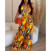 Multi-Color Abstract Print Wide Leg Jumpsuit - yellow