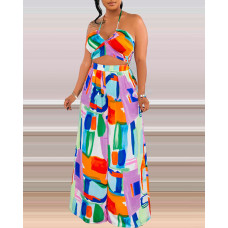 Multi-Color Geometric Print Halter Top & Wide Leg Pants Set - Multicolor