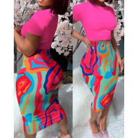 Multi Colors Abstract Print Top & High Waist Skirt Set - pink