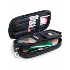 Multi-Functional Double Layer Cosmetic Organizer Waterproof Makeup Bag With Mirror Hold Brushes - black