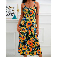 Multi Strap Button Front Sunflower Print Dress - yellow