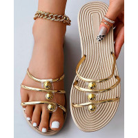 Multi Strap Pearls Decor Hollow Out Beach Slippers - gold