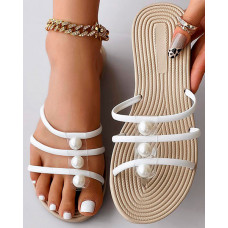 Multi Strap Pearls Decor Hollow Out Beach Slippers - white