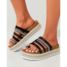 Multi Strap Rhinestone Toe Ring Platform Slippers - black