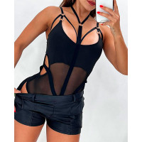 Multi Strap Sheer Mesh Cutout Bodysuit - black