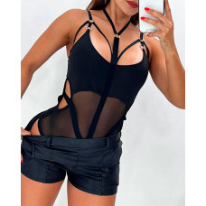 Multi Strap Sheer Mesh Cutout Bodysuit - black