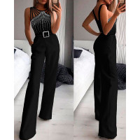 Multi Strap Sleeveless Rhinestone Bootcut Jumpsuit - black