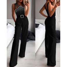 Multi Strap Sleeveless Rhinestone Bootcut Jumpsuit - black