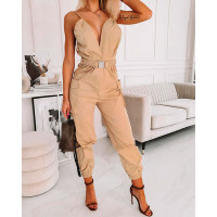 Multi-way Wear Crisscross Backless Belted Jumpsuit - khaki