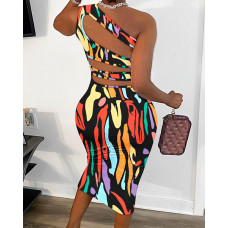 Multicolor Abstract Print Cutout One Shoulder Bodycon Dress - Multicolor