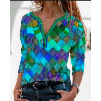 Multicolor Diamond Print Long Sleeve Blouse - blue