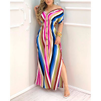 Multicolor Striped Short Sleeve Slit Maxi Dress - Multicolor