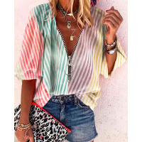 Multicolor Striped Splicing Zipper Half Sleeve Blouse - Multicolor