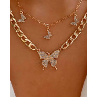 Multilayer Rhinestone Butterfly Pendant Chain Necklace - gold