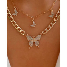 Multilayer Rhinestone Butterfly Pendant Chain Necklace - gold