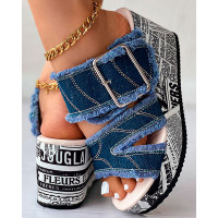 Newspaper Buckled Denim Wedge Slippers - blue