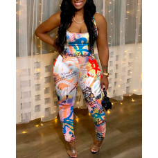 Newspaper Print Crisscross Backless Jumpsuit - Multicolor