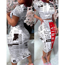 Newspaper Print Crop Top & High Waist Skirt Set - blackwhite