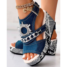 Newspaper Rhinestone Gear Pattern Slingback Platform Wedge Sandals - blue