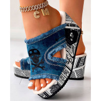 Newspaper Skull Raw Hem Platform Wedge Slippers - blue