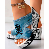 Newspaper Skull Raw Hem Platform Wedge Slippers - light blue