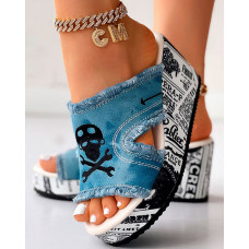 Newspaper Skull Raw Hem Platform Wedge Slippers - light blue