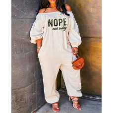 Nope Not Today Camo Print Off Shoulder Jumpsuit - beige