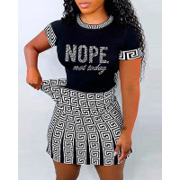 Nope Not Today Geometric Print Short Sleeve Top & Skirt Set - black