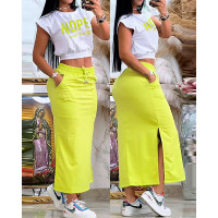 Nope Not Today Print Cap Sleeve T-shirt & Slit Drawstring Skirt Set - yellow