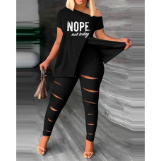 Nope Not Today Print Split Hem Top & Ladder Cutout Pants Set - black