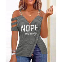 Nope Not Today Print Zip Detail Split Hem Cold Shoulder Top - gray