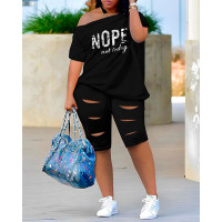 Nope Not Today Slogan Print Top & Shorts Set - black