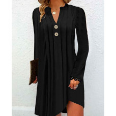 Notch Neck Buttoned Lace Trim Ruched Casual Dress - black