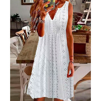 Notch Neck Eyelet Embroidery Sleeveless Casual Dress - white