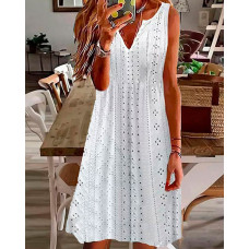 Notch Neck Eyelet Embroidery Sleeveless Casual Dress - white