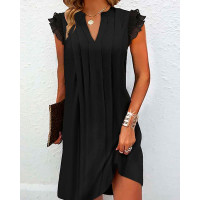 Notch Neck Ruched Frill Hem Casual Dress - black