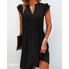 Notch Neck Ruched Frill Hem Casual Dress - black