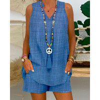 Notch Neck Top & Pocket Design Shorts Set - blue