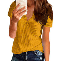 Notch Neck Waffle Knit Top - dark yellow