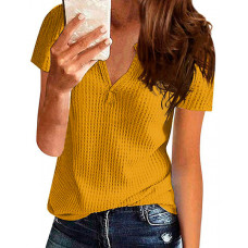 Notch Neck Waffle Knit Top - dark yellow